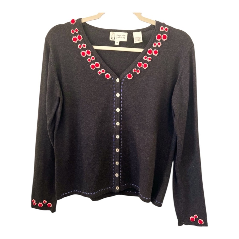 Cousin Johnny Vintage Gray Floral Rose Cotton Sweater M